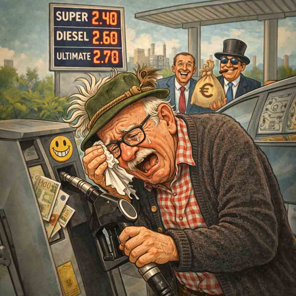 Wenn-Tanken-zum-Staatsopfer-wird Satirische Illustration eines verzweifelten älteren Mannes an einer Zapfsäule mit extrem hohen Spritpreisen, während zwei wohlhabende Männer im Hintergrund grinsen und einen Geldsack halten.
